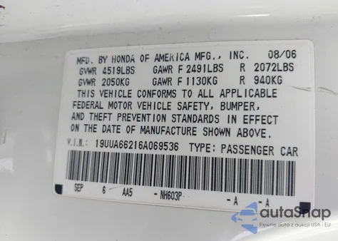 2006 Acura Tl from USA, damaged, VIN 19UUA66216A069536